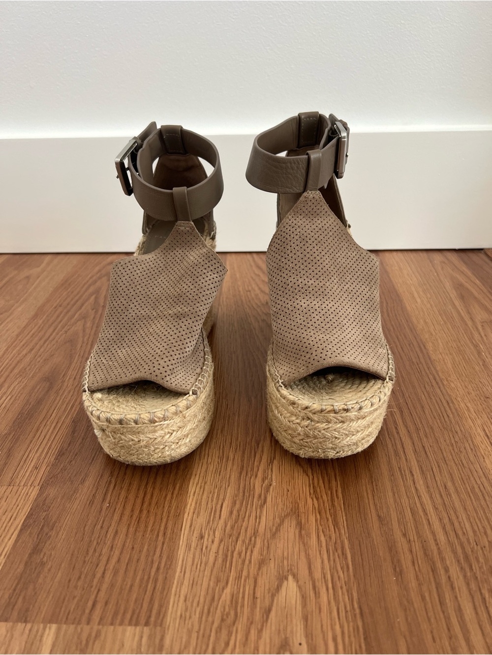 Marc Fischer Wedge Espadrille Sandals in Taupe with Ankle Strap